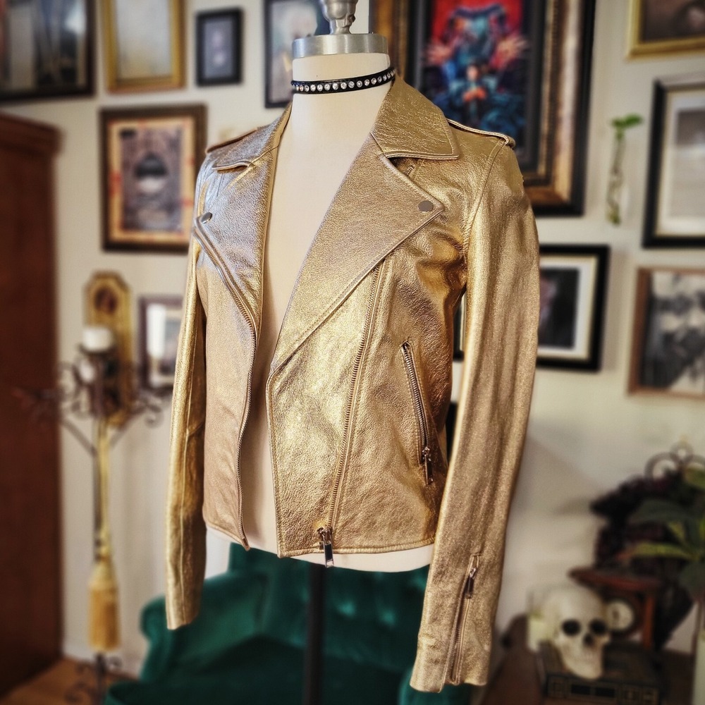 LTH JKT Moto Jacket Gold Leather Metallic‎ Biker Coat Venice California Small S
